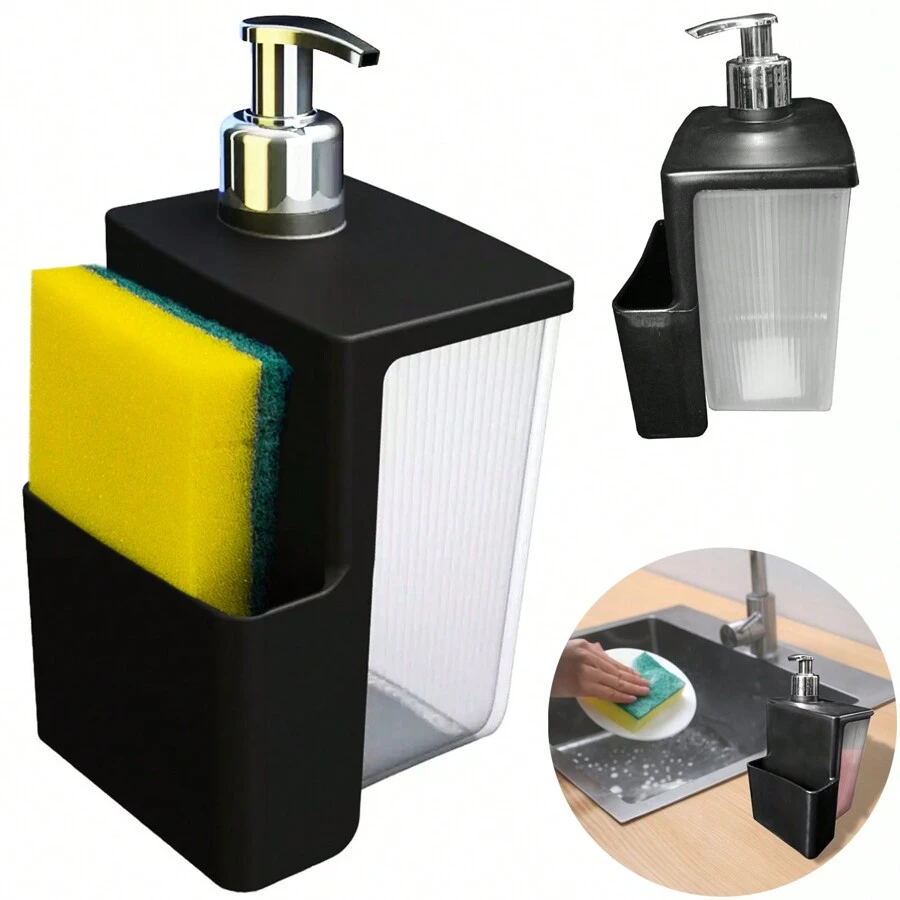 Dispenser Porta Sabonete Detergente e Esponja Preto Pump Cromado - Preto - Visão 1