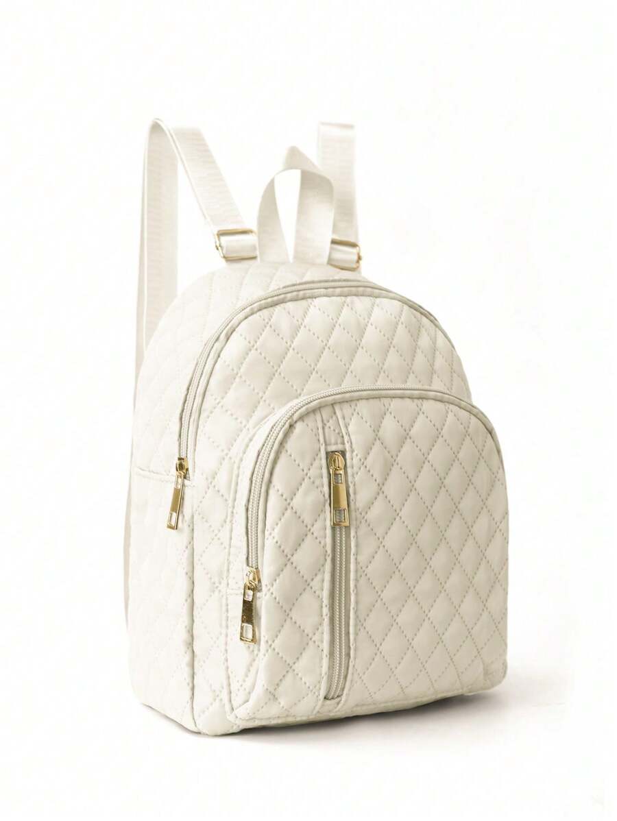 1 Piece, Simple And Stylish, Solid Color Quilted Multi-Pocket Zipper Backpack, Lightweight Large-Capacity School Bag, Backpack With Adjustable Shoulder Strap, Portable School Bag For Middle And High School Students, Suitable For Business Trips, Business, Outdoor Travel, Daily Commuting, Campus, Holiday Gifts - Beige - View 1