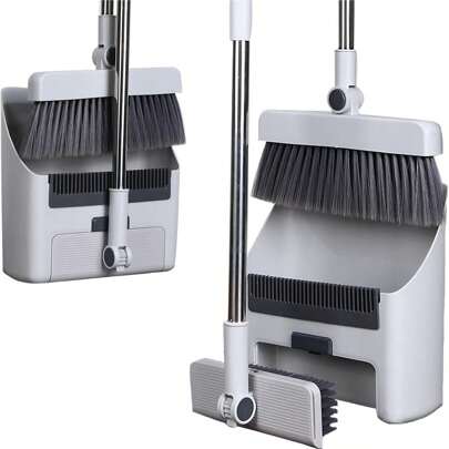 3-In-1 Broom And Dustpan Set, Soft Bristle, 180 Degree Rotatable Broom Dustpan Combo Long Handle For Home Floor Cleaning, Cleaning Supplies, Gray