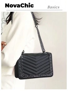 Elegant,,Old MoneyChevron Pattern Square Bag Chain Decor Flap For Work Metal Chain Crossbody Clutch Bag, PU Leather Textured Handbag, Classic Versatile Fashion Shoulder BagClassic,CasualFor Teen Girls Women College Students,Rookies & White-collar Workers