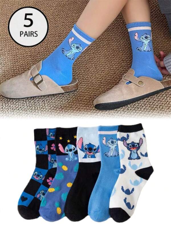 Paquete de 5 pares de calcetines para mujer de longitud media de la serie Blue Stitch, peculiares, lindos, de moda y versátiles para uso diario, amigables con la piel, cómodos, transpirables y resistentes al olor.