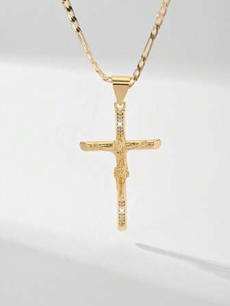 1件时尚简约2025新款低过敏性铜镶嵌锆石十字架吊坠项链，适合作为母亲节/情人节礼物送给情侣/朋友/教父母，天主教初领圣体礼，日常及节日佩戴祈祷。