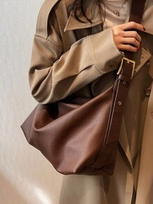 Borsa a tracolla e a secchiello in pelle morbida con chiusura a cerniera, di grande capacità, minimalista e alla moda, adatta per l'uso quotidiano, casual, versatile, con lunghezza della tracolla regolabile, in pelle PU, stile college per studenti universitari
