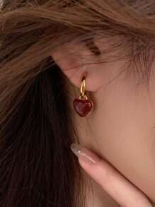 1pair Vintage Red Heart Shaped Zinc Alloy Hoop Earrings With Gold Tone For Thanksgiving Accessories Halloween Valentine's Day Valentines Back To School