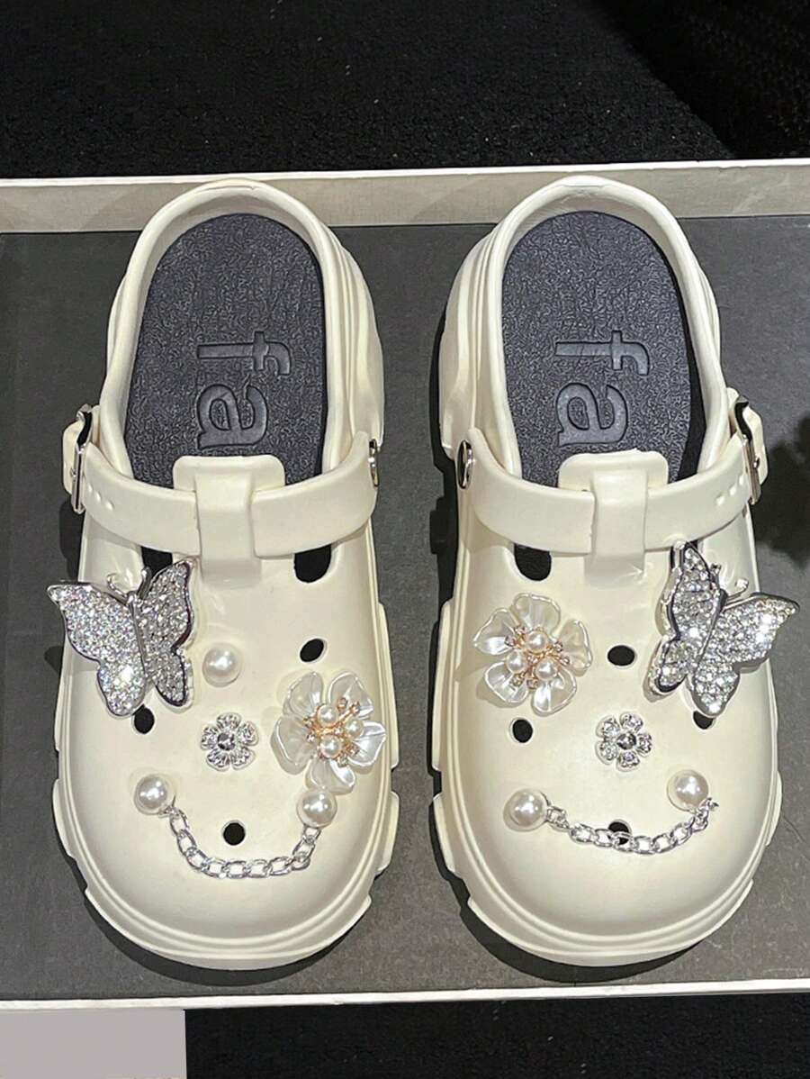 Women's Slippers & Sandals Women's Increased Breathable Clogs & Garden Shoes With Rhinestone Butterfly And Faux Pearl Chain Decorated Straps - White - View 1