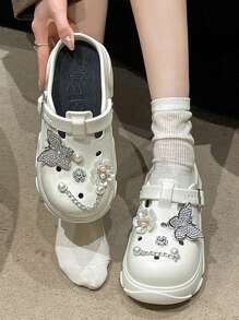 Women's Slippers & Sandals Women's Increased Breathable Clogs & Garden Shoes With Rhinestone Butterfly And Faux Pearl Chain Decorated Straps - White - View 4