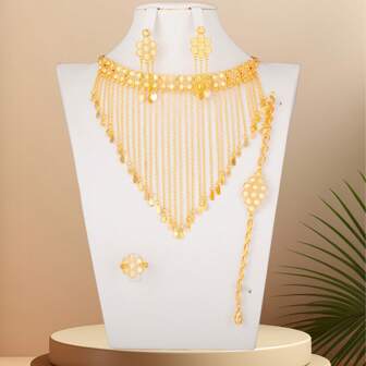 5 件优雅婚礼宴会社交镀金铜合金项链套装，包括颈链、套索和 V 形流苏设计，适合作为送给母亲、爱人、姐妹的礼物