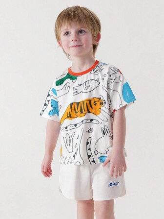 MARC&JANIE Ung pojke Casual Söt rolig graffiti tryck rund hals kortärmad T-shirt, sommar