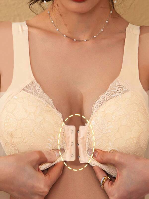 Women's Seamless Push Up Front Closure Bra Wireless, Solid Color Contrast Lace, Lingerie