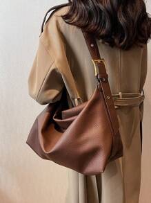 Borsa a tracolla e a secchiello in pelle morbida con chiusura a cerniera, di grande capacità, minimalista e alla moda, adatta per l'uso quotidiano, casual, versatile, con lunghezza della tracolla regolabile, in pelle PU, stile college per studenti universitari