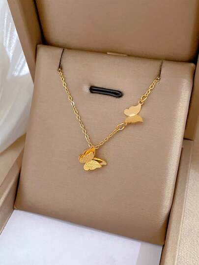 1pc Fashion And Popular Golden Plated Sandblasted Butterfly Charm Necklace Stainless Steel Jewelry For Girls Kids Summer Clavicle Chain Necklace