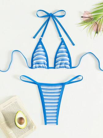 New Arrival Micro Triangle Bralette Handduk Randig Grimma Rygglös Bikini Set För Kvinnor, Beachwear Sommar