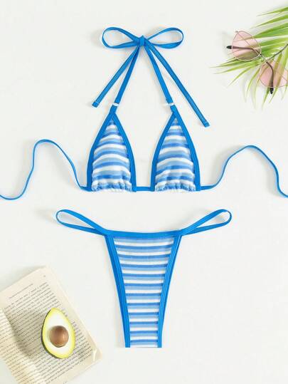 New Arrival Micro Triangle Bralette Towel Striped Halter Backless Bikini Set For Women, Beachwear Summer