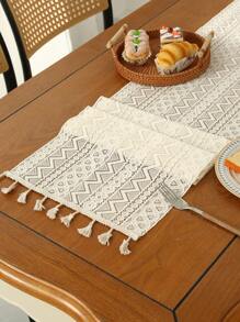 1pc Beige Lace Tassel Table Runner, Suitable For Home Decorations Such As Dining Table, TV Cabinet, Coffee Table, Etc. - Multicolor - View 19
