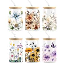 6pcs/Set Beautiful Flowers UV DTF Transfer Sticker Libbey Glass Cups Diy Wrap Transfer Sticker For 16oz Glass Cup Waterproof Sticker Bottle Sticker Adhesive Sticker-