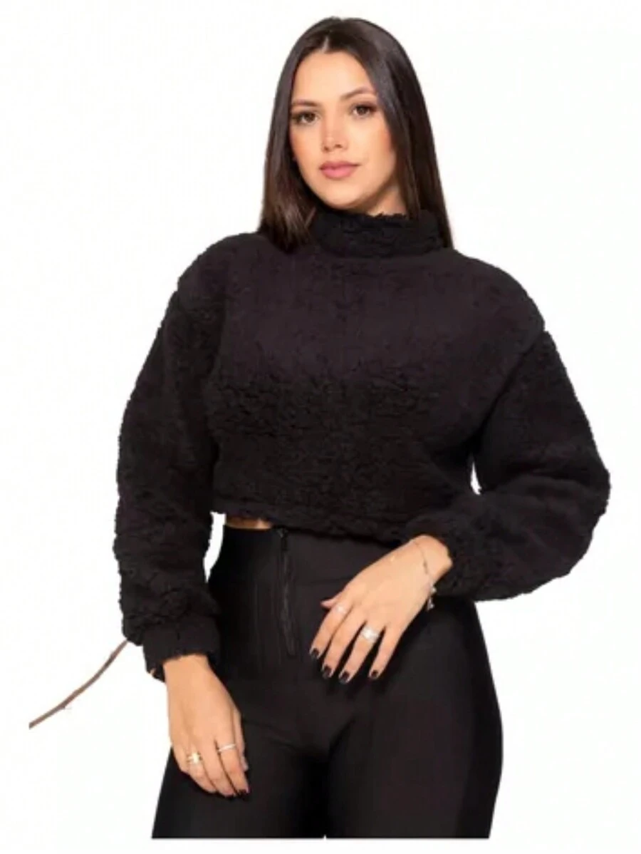 Casaco Teddy Feminino Curto Blusa Tedd Pelúcia Jaqueta Quente - Preto - Visão 1