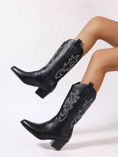 Women's Western Style Knight Boots With Embroidery Details, Cowboy Boots For Women