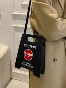Warning Sign Design Novelty Bag, Faux Leather Crossbody Bag, Creative Stop Sign Purse For Women
