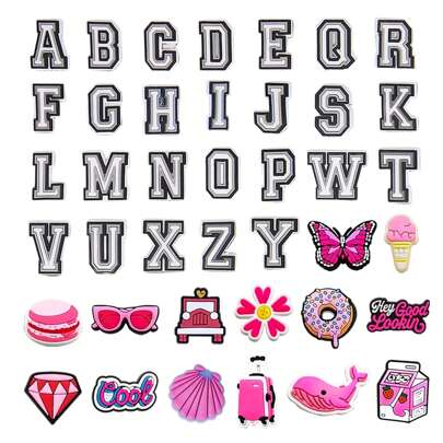 40pcs Pink Letter Shoe Charms, Suitable For Clog DIY Decoration, Quality Accessory, Applicable To Bubble Slippers, Sandals, PVC Shoe Decor, Beach Bag Accessories, Great Gift For Teenagers, Men, Women And Adults