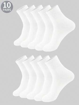 10 Pairs/Pack Men White Solid Color Breathable Mid-Calf Casual Socks, Fall