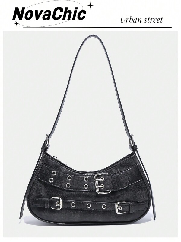 1 pieza Bolso de hombro de estilo vintage para mujer con decoración de remaches de tipo gótico de moda Y2K, ajustado para viajes diarios, perfecto para festivales de música, bolso de estilo rock para mujer