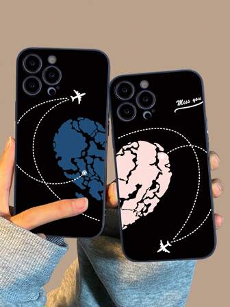 2pcs Black Printed Anti-Drop Long Distance Relationship Couple Phone Case, Compatible With IPhone