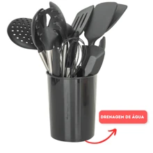 Kit Conjunto 15 Utensílios De Cozinha Com Cabo De Inox E Silicone Premium - Preto - Visão 10