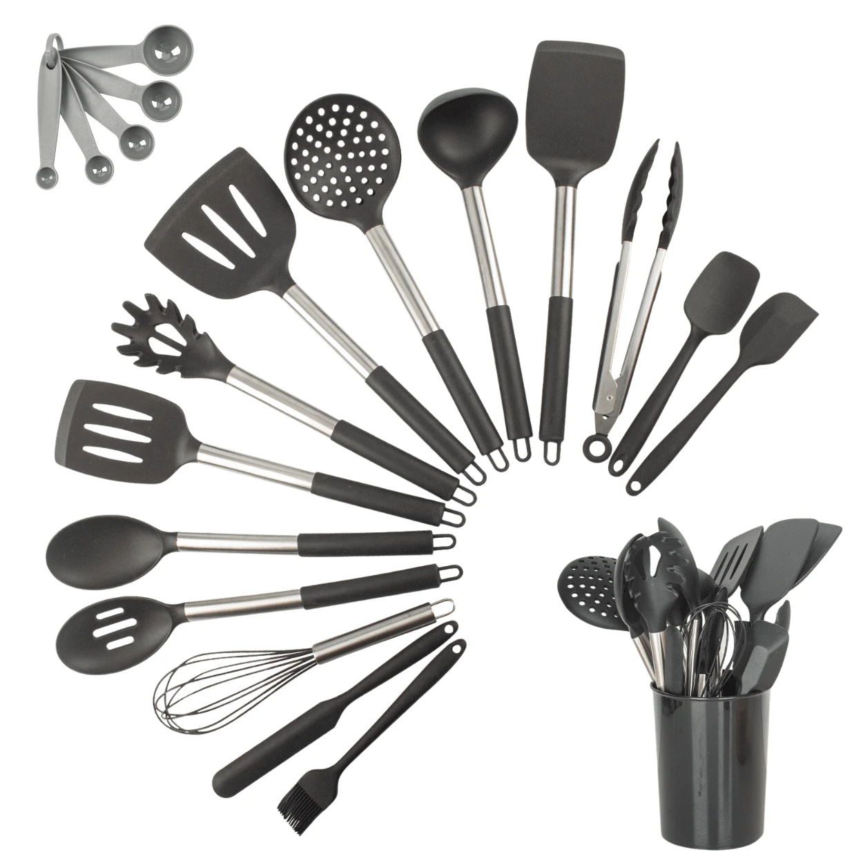 Kit Conjunto 15 Utensílios De Cozinha Com Cabo De Inox E Silicone Premium - Preto - Visão 1