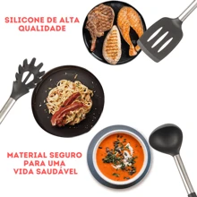 Kit Conjunto 15 Utensílios De Cozinha Com Cabo De Inox E Silicone Premium - Preto - Visão 5