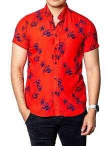 Camisa Hombre Casual Manga Corta Roja Flores Marino - Rojo - Ver 2