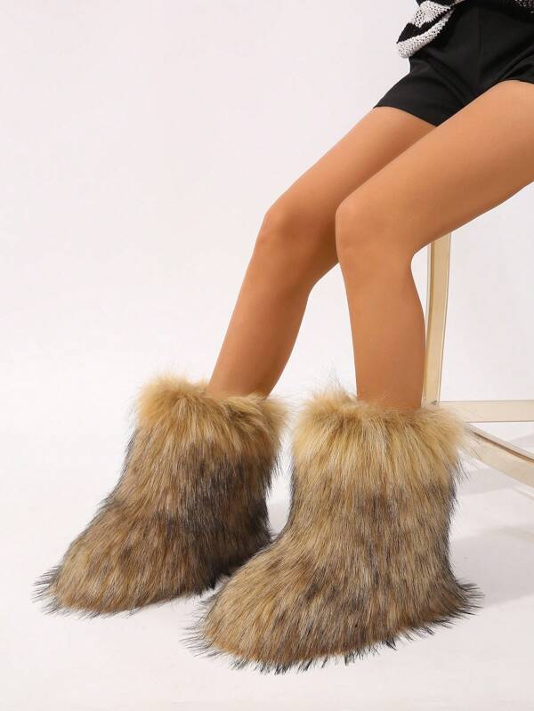 Women's Fluffy Snow Boots, Fashionable Thickened Warm Plush Mid-Calf Booties With Fluffy, Winter