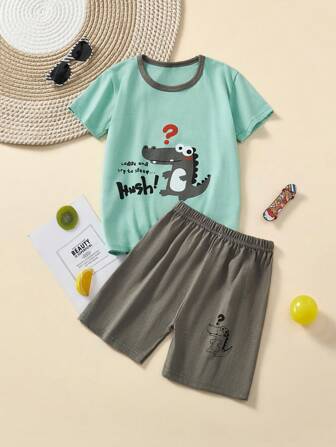 OIPOIG 嬰兒男童短袖鱷魚卡通印花套裝，舒適、透氣、時尚、可愛、帥氣，適合海灘和派對，夏季