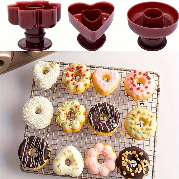3pcs American-Style Large Round Heart-Shaped Doughnut Molds With Hollow Center For Baking, Cookies And Plastic Bread Imprinting
