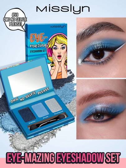Misslyn Set di ombretti EYE-Mazing, 3 colori di ombretti con specchio e pennello, finitura opaca, shimmer e glitter fine, texture morbida, adatto per pelli sensibili, ideale per feste in stile Y2K, spiaggia, viaggi, vacanze, campeggio, all'aperto, regalo per ragazze alla moda, Capodanno cinese, San Valentino, Ognissanti, zucca, dolcetto o scherzetto, 31 ottobre, fantasmi, festival, campus, scuola