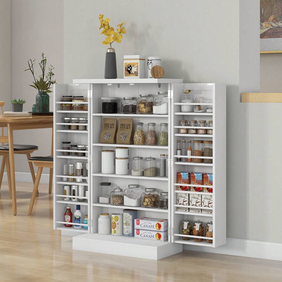HOMCOM Armoire meuble de cuisine garde-manger 2 portes avec 5 étagères et 12 étagères - dim. 60L x 30l x 104H cm - blanc - Blanc - Voir 1