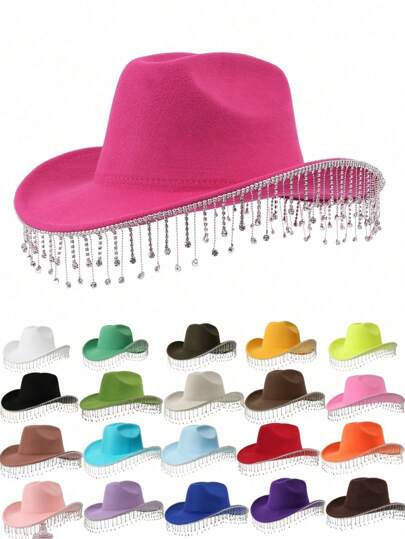 1pc Western Cowboy Hat For Women With Luxurious Rhinestone And Rolled Edge Design Suitable For Casual Outfits, Vintage Knit Hat, Lady Dance Stage Hat, Bridal Wedding Hat, Jazz Hat Party Cowboy Hat Cowgirl Hat