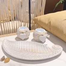 1 Pezzo Set portacandele a foglia bianca, portacandele per lumini, ciotola decorativa in legno carina con portacandele per lumini e pietre decorative per un'atmosfera accogliente, portacandele in legno per candele a colonna, stile Ins, regalo per matrimonio, anniversario, festa della mamma, decorazione per feste, regalo per il riscaldamento della casa, regalo di San Valentino, decorazione da tavolo da caffè per il soggiorno