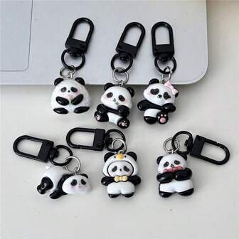 [Set Of 6] Cute Panda Pendant Cartoon Keychain Black & White Simple Adornment Bag Decoration Ornament Car Accessories Bag Charm Backpack For School Letter Goth Y2k