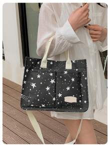 花朵幸福包夏季清新時尚實用手提包，斜背包，媽媽包，春遊午餐包，大容量手提袋，公文包，文件袋，書袋 - 黑與白 - 查看 3