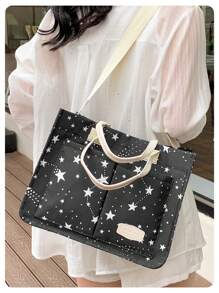 花朵幸福包夏季清新時尚實用手提包，斜背包，媽媽包，春遊午餐包，大容量手提袋，公文包，文件袋，書袋 - 黑與白 - 查看 5