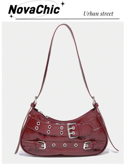 1PC Y2K Gothic Fashionable Type Rivet Decoration Vintage Block Decoration Women's Shoulder Bags Are Adjusted For Daily Travel, Perfect For Music Festival, Rock Style Bag For Women, Fashionable Burgundy Bag, Retro Inspired Bag For Women , Red Bag , Burgundy Bag