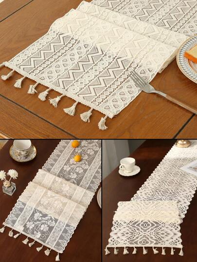 1pc Beige Lace Tassel Table Runner, Suitable For Home Decorations Such As Dining Table, TV Cabinet, Coffee Table, Etc.