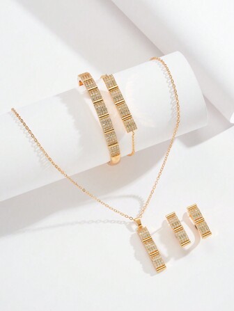 5pcs/Set Minimalist Fashion Copper Square Shaped Necklace, Earrings, Bangle & Bracelet Set, Suitable For Women's Daily Wear, Parties, Banquets And Weddings