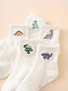 5pairs Funny Personalized Cartoon Dinosaur Embroidery Mid-Calf Socks For Girls, All Seasons, European And American Sizes, Comfortable, Breathable And Durable, Suitable For Daily Wear With High-Quality Material