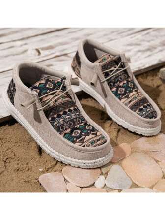 Men's Loafers - Beige Geometric Patterned Canvas Casual Lace-Up Outdoor Shoes, Lightweight Low-Top Sneakers, Bohemian Style
