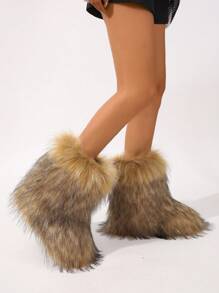 Women's Fluffy Snow Boots, Fashionable Thickened Warm Plush Mid-Calf Booties With Fluffy, Winter