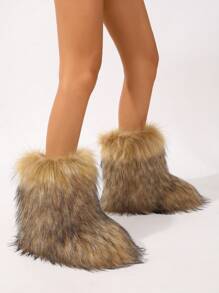 Women's Fluffy Snow Boots, Fashionable Thickened Warm Plush Mid-Calf Booties With Fluffy, Winter