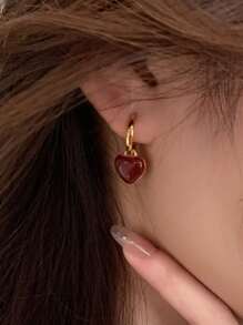 1pair Vintage Red Heart Shaped Zinc Alloy Hoop Earrings With Gold Tone For Thanksgiving Accessories Halloween Valentine's Day Valentines Back To School