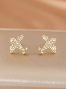 1 Pair Zirconia Crystal Cute Mini Airplane Stud Earrings, Unique Creative Design, Suitable For Women, Birthday, Gifts For Friends