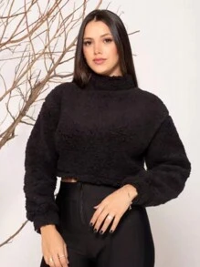 Casaco Teddy Feminino Curto Blusa Tedd Pelúcia Jaqueta Quente - Preto - Visão 3